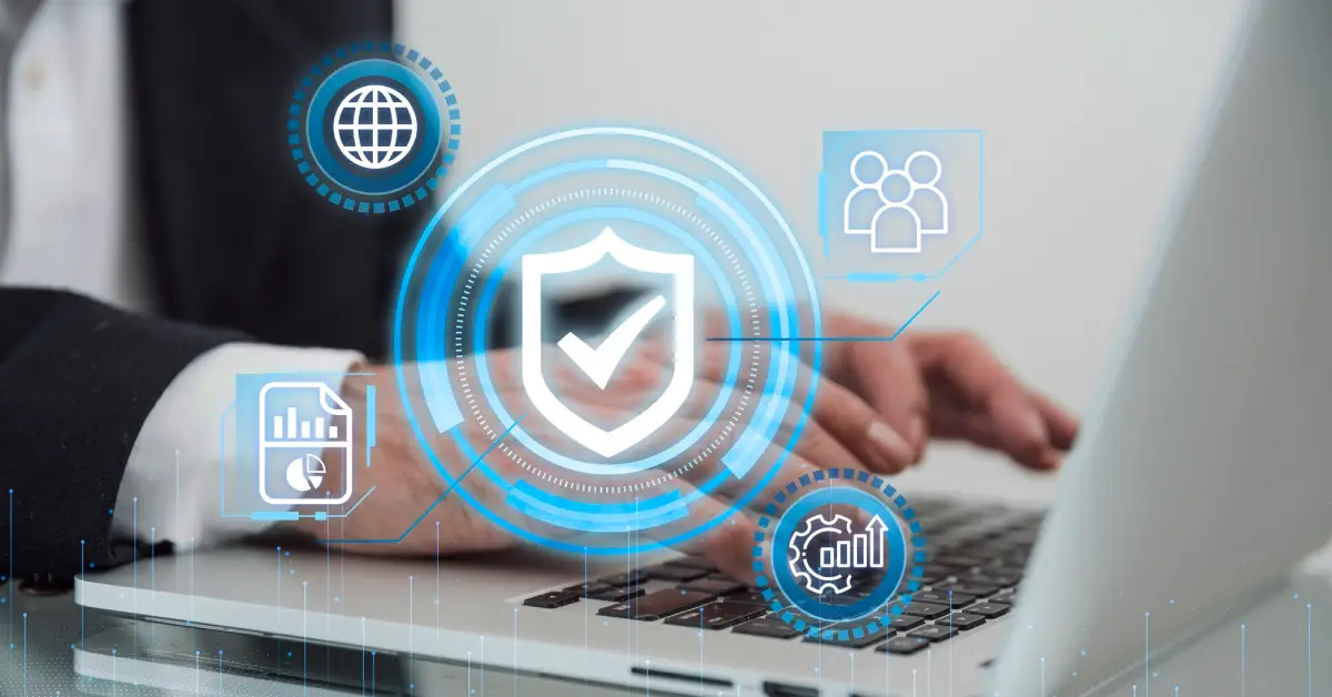 A professional's hands typing on a laptop, surrounded by digital security and analytics icons, symbolizing data protection and teamwork.